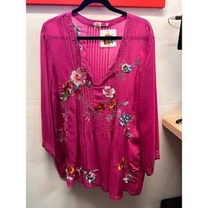 Johnny Was Pink Embroidered Floral Pattern Blouse
